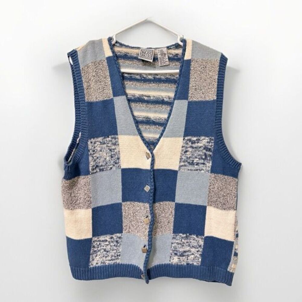 Vintage Russ Sport Preppy Knitted Sweater Vest Tennis Checkered Striped Sz L